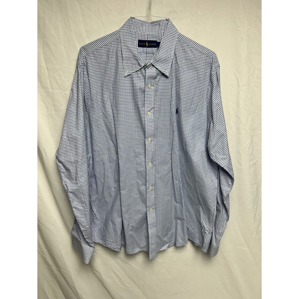 Ralph Lauren Mens XXL Blue White Gingham Check Button Up Shirt Long Sleeve Pony